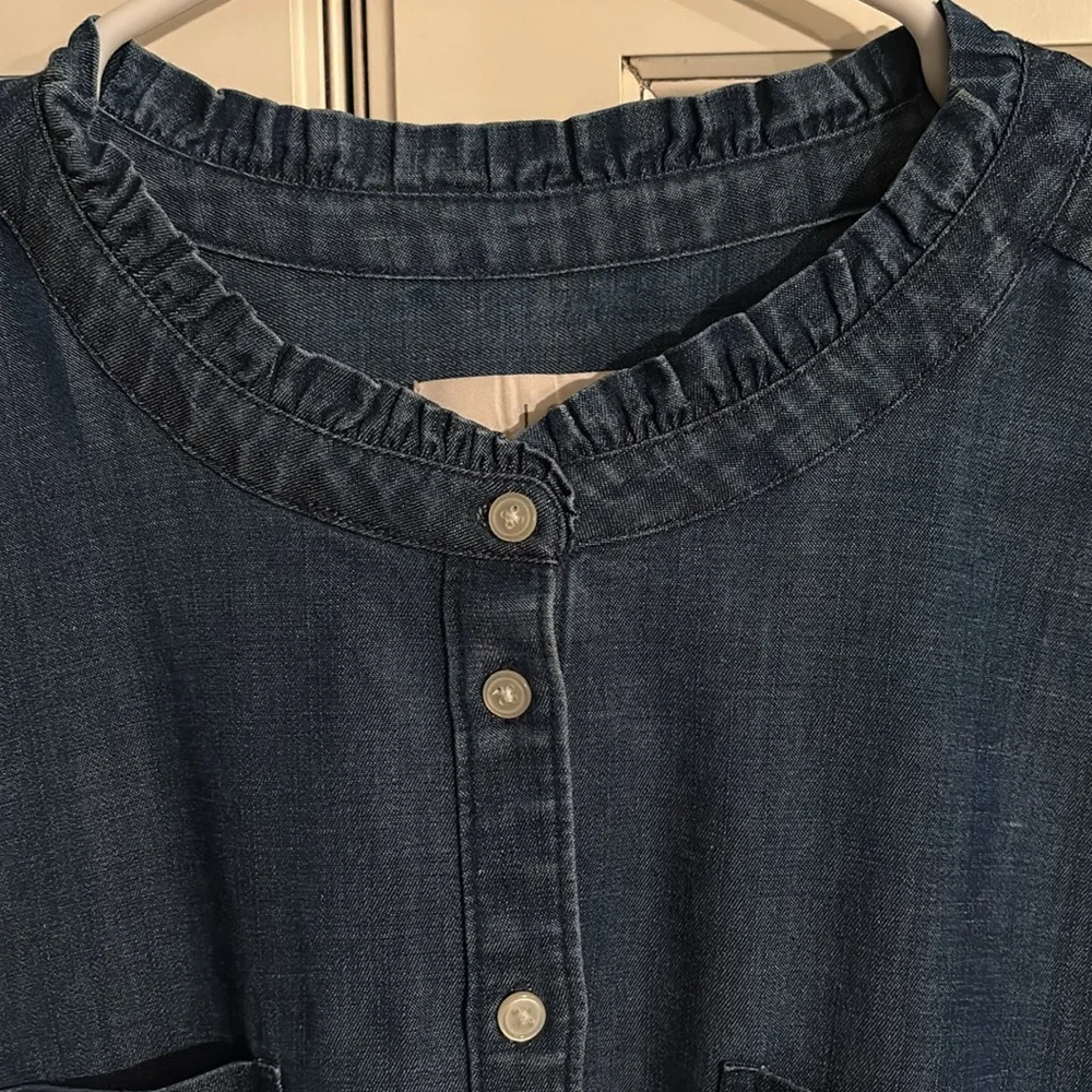 LOFT denim button up shirt with ruffle. L - Picture 2 of 5